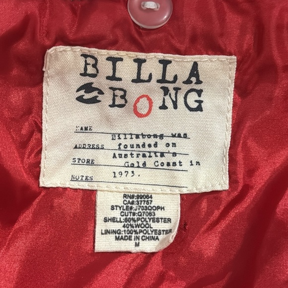 Billabong Wool Blend Plaid Peacoat Jacket Black Red White Snap Tab Closure-M - Picture 12 of 13